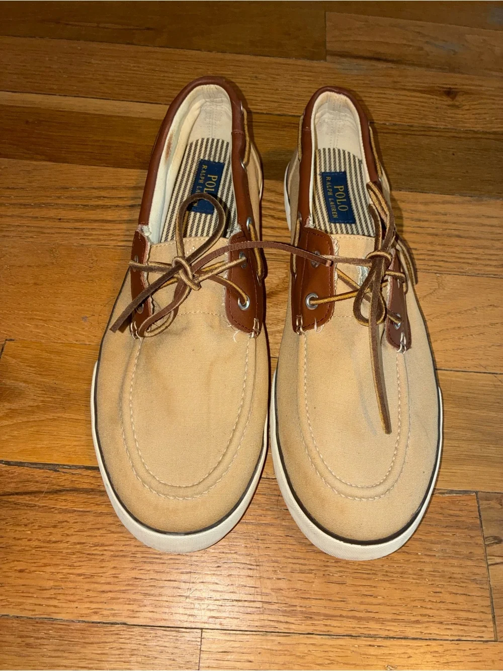 Polo Ralph Lauren Mens Boat Shoes Tan Brown Canvas Leather Size 13D Pls See Pics